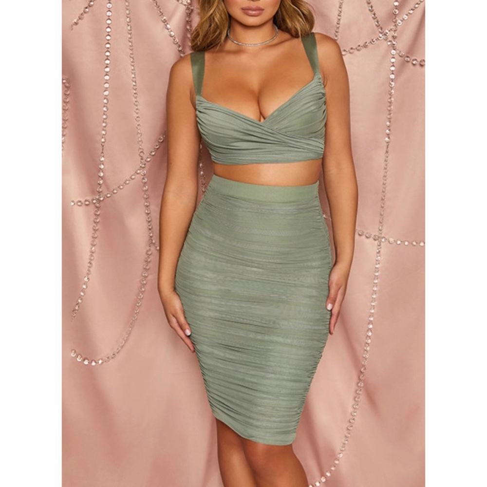 Green two piece rouched crop and skirt